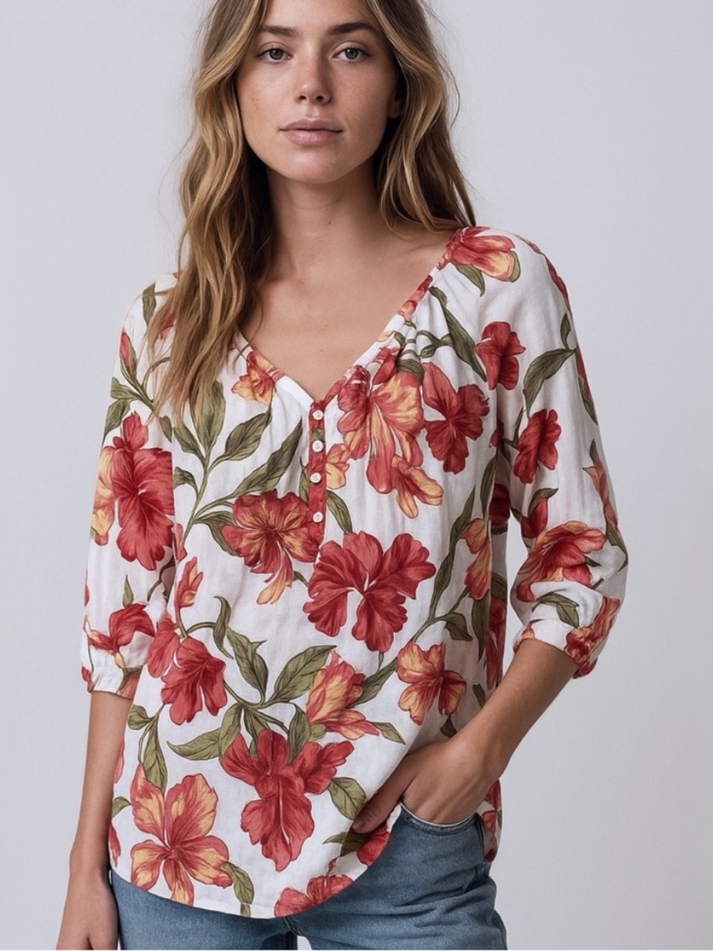 Chaps 100% Cotton White Floral Tropical Vacation Top Blouse